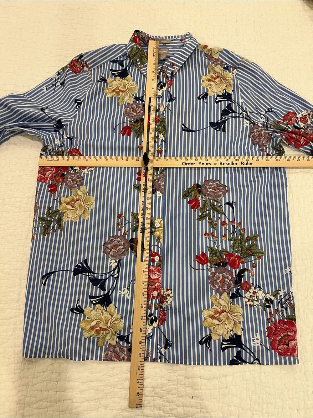 Chicos Shirt Top Womens Size 4 XXL Floral Striped Long Sleeve Button Up Tunic - Picture 9 of 13